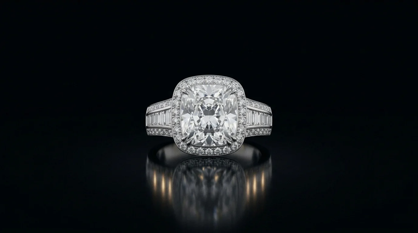 Eternity: a platinum ring with a cushion-cut diamond in a pavé halo and baguette shoulders