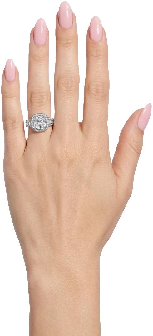 A hand wearing the Eternity ring on the ring finger