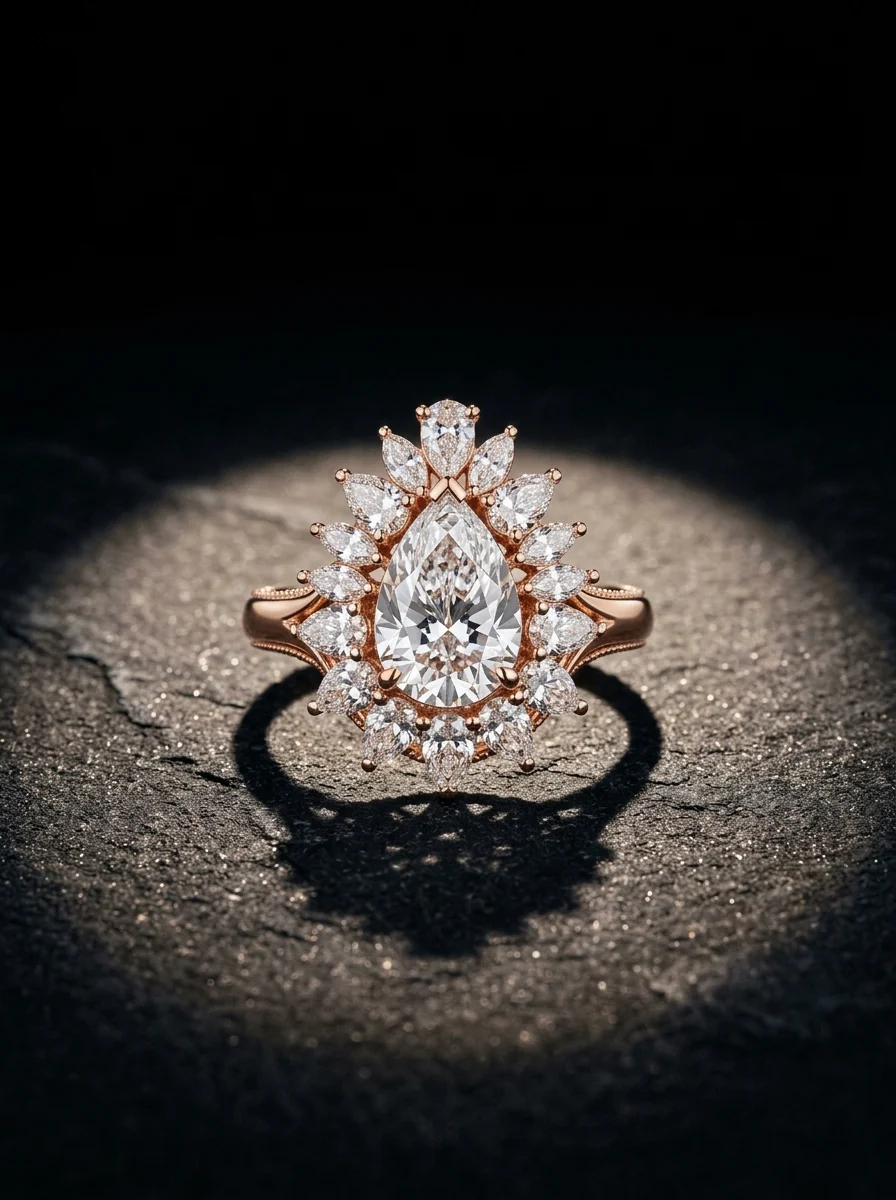 Shank: a rose-gold ring with a pear diamond in a crown of marquise stones